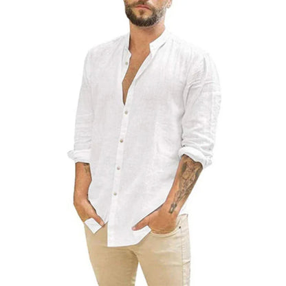 Leinenhemd | Leicht | Langarm | Knopfleiste | Sommerhemden für Männer-Weiß-S-Chaps Herrenmode