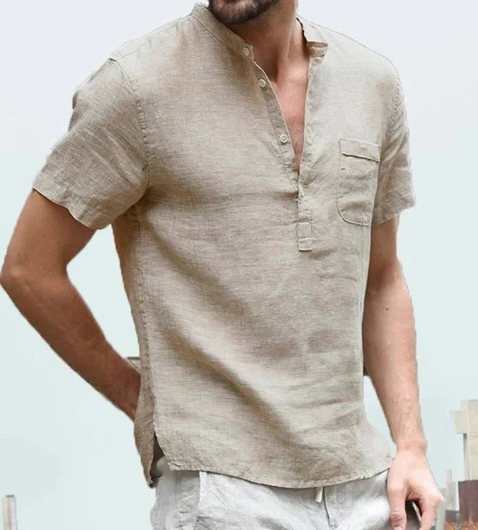 Kurzarmhemd Herren mit Stehkragen – Sommerhemd aus Baumwolle-Beige-S-Chaps Herrenmode