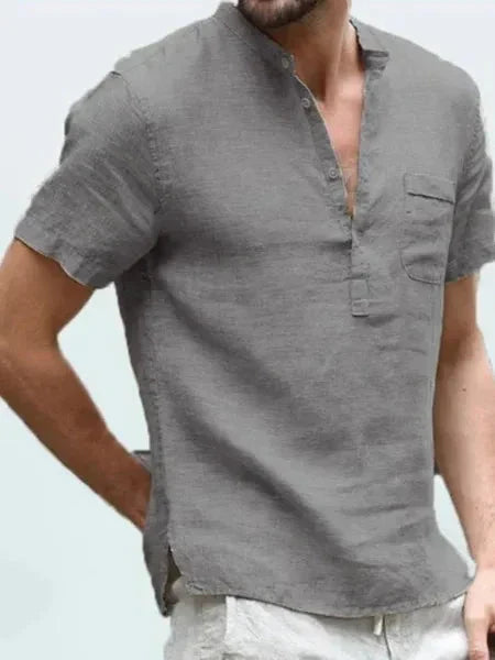 Kurzarmhemd Herren mit Stehkragen – Sommerhemd aus Baumwolle-Grau-S-Chaps Herrenmode