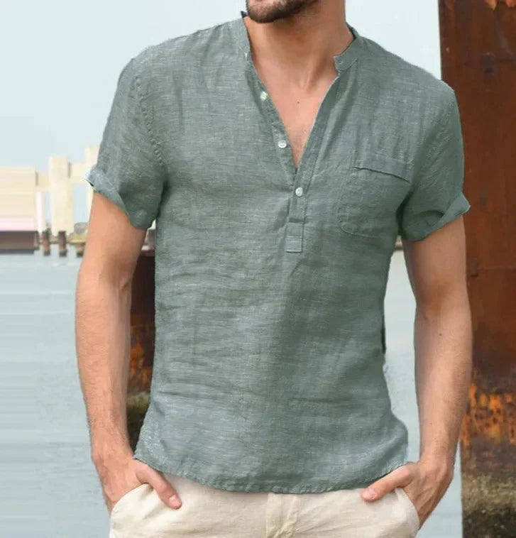 Kurzarmhemd Herren mit Stehkragen – Sommerhemd aus Baumwolle-Grün-S-Chaps Herrenmode