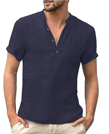 Kurzarmhemd Herren mit Stehkragen – Sommerhemd aus Baumwolle-Marineblau-S-Chaps Herrenmode