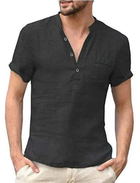 Kurzarmhemd Herren mit Stehkragen – Sommerhemd aus Baumwolle-Schwarz-S-Chaps Herrenmode