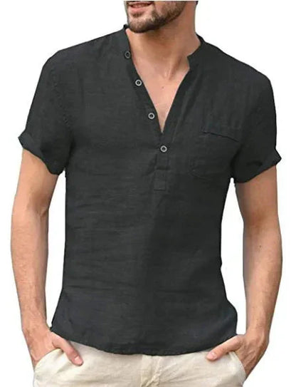 Kurzarmhemd Herren mit Stehkragen – Sommerhemd aus Baumwolle-Schwarz-S-Chaps Herrenmode