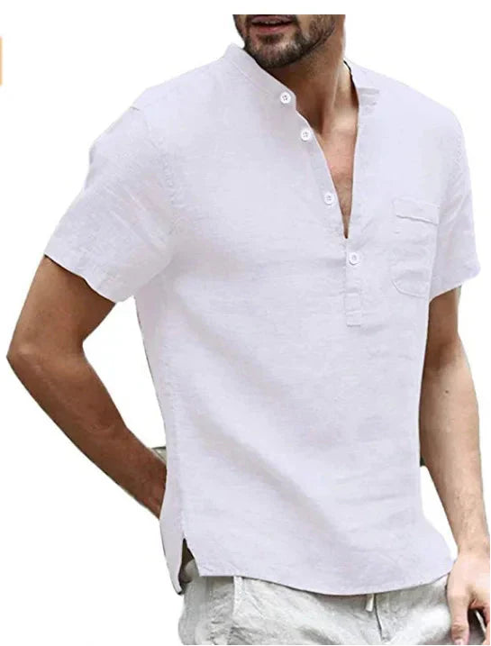 Kurzarmhemd Herren mit Stehkragen – Sommerhemd aus Baumwolle-Weiß-S-Chaps Herrenmode