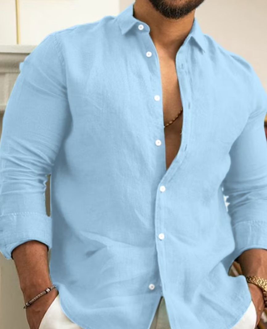 Leinenhemd | Leichtgewicht | Button-Up | Langarmhemd | Herrenhemd-Blau-S-Chaps Herrenmode