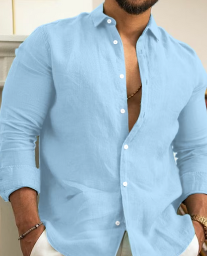 Leinenhemd | Leichtgewicht | Button-Up | Langarmhemd | Herrenhemd-Blau-S-Chaps Herrenmode