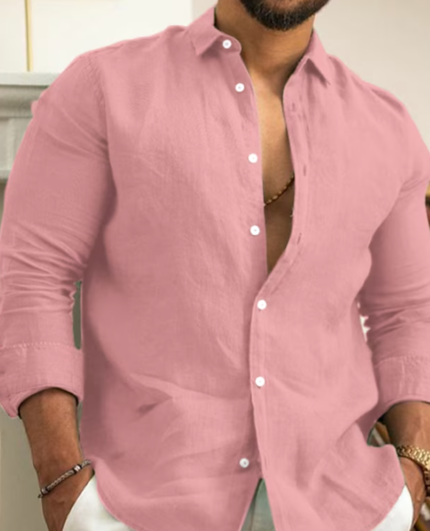 Leinenhemd | Leichtgewicht | Button-Up | Langarmhemd | Herrenhemd-Rosa-S-Chaps Herrenmode