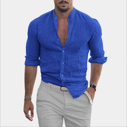 Leinenhemd - Leichtgewicht - Langarm - Hemd mit Knopfleiste - Sommerhemd für Männer-Blau-S-Chaps Herrenmode