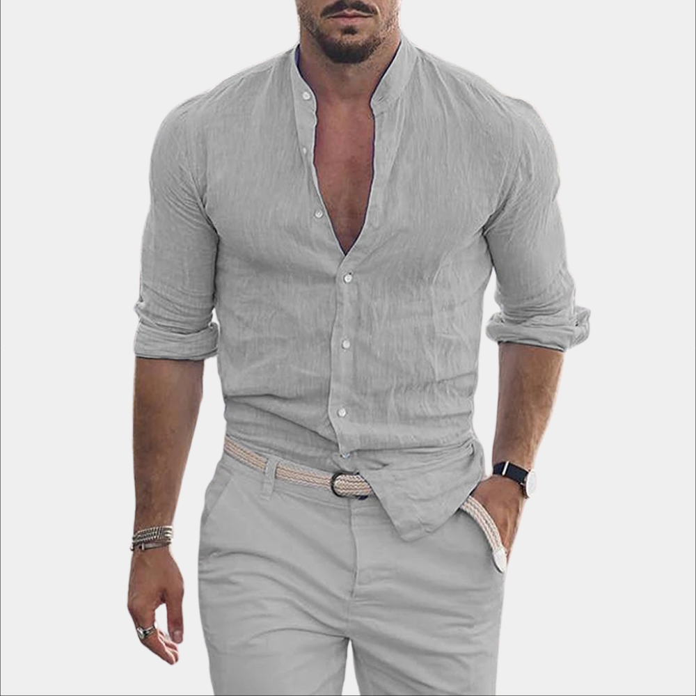 Leinenhemd - Leichtgewicht - Langarm - Hemd mit Knopfleiste - Sommerhemd für Männer-Grau-S-Chaps Herrenmode