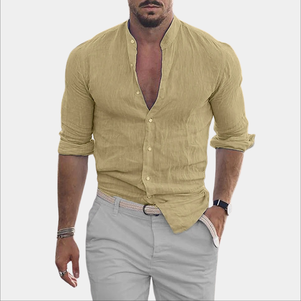 Leinenhemd - Leichtgewicht - Langarm - Hemd mit Knopfleiste - Sommerhemd für Männer-Khaki-S-Chaps Herrenmode
