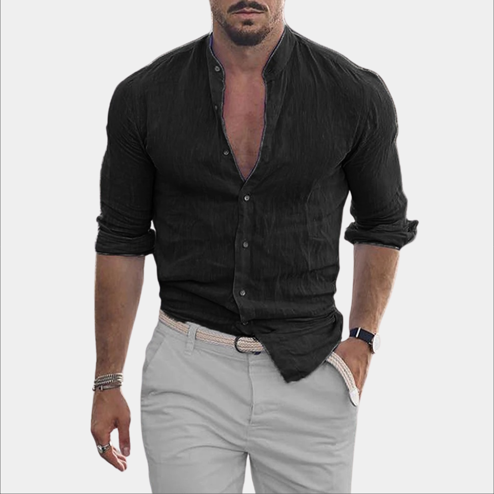 Leinenhemd - Leichtgewicht - Langarm - Hemd mit Knopfleiste - Sommerhemd für Männer-Schwarz-S-Chaps Herrenmode