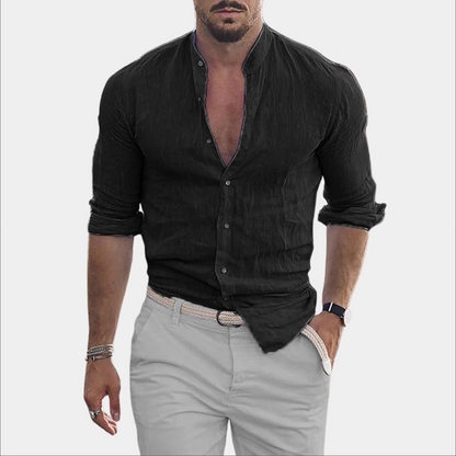Leinenhemd - Leichtgewicht - Langarm - Hemd mit Knopfleiste - Sommerhemd für Männer-Schwarz-S-Chaps Herrenmode