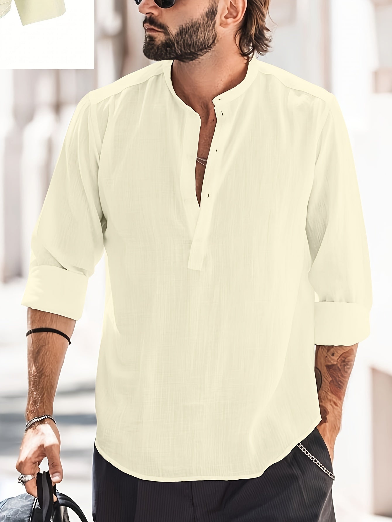 Leinenhemd – halbe Knopfleiste – lange Ärmel – Sommerhemd – Herrenhemd-Gelb-S-Chaps Herrenmode