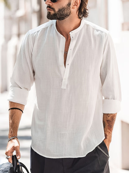 Leinenhemd – halbe Knopfleiste – lange Ärmel – Sommerhemd – Herrenhemd-Weiß-S-Chaps Herrenmode