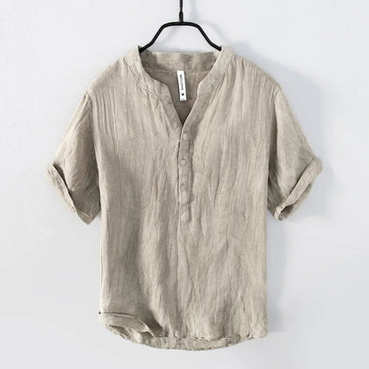 Leinenhemd – mit Knöpfen – leicht – Kurzarmhemd – Herrenhemden-Khaki-M-Chaps Herrenmode