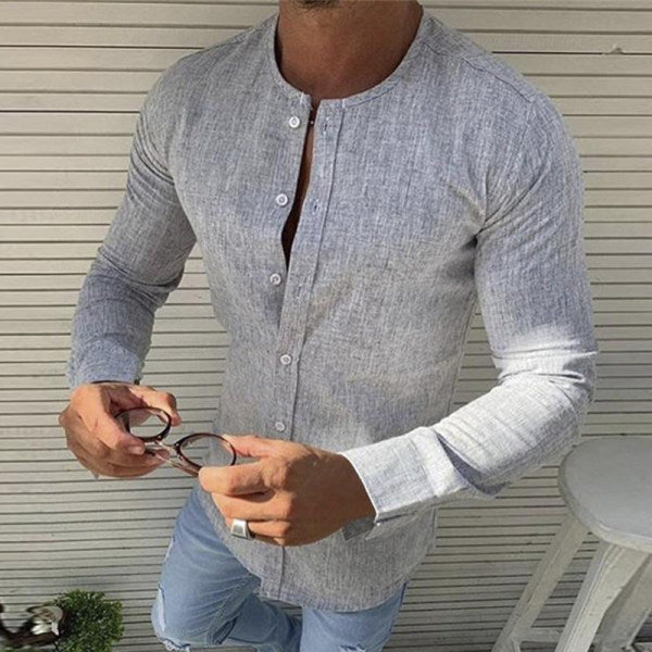 Leinenhemd – schmale Passform – Langarm – Hemd mit Knöpfen – Herrenhemden-Grau-S-Chaps Herrenmode