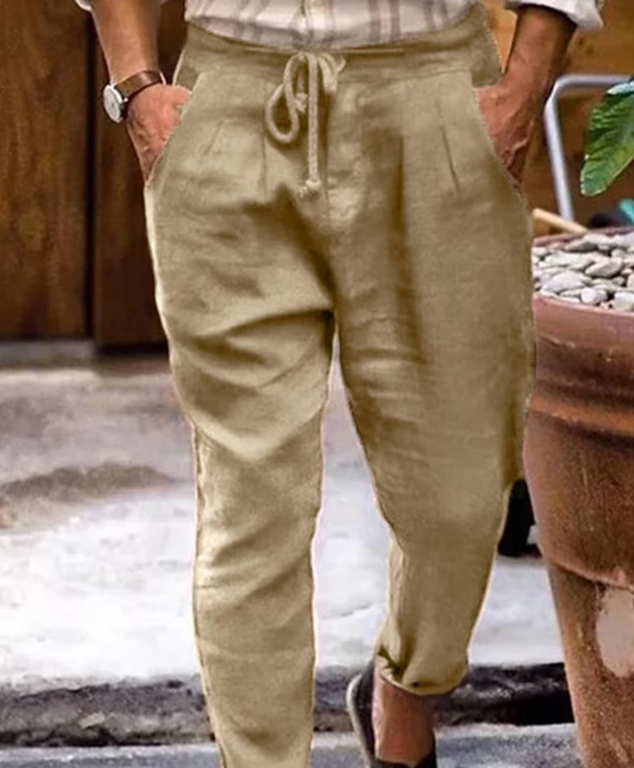 Leinenhose | Drawstring | Loose Fit | Sommerkleidung | Herrenhosen-Beige-XS-Chaps Herrenmode