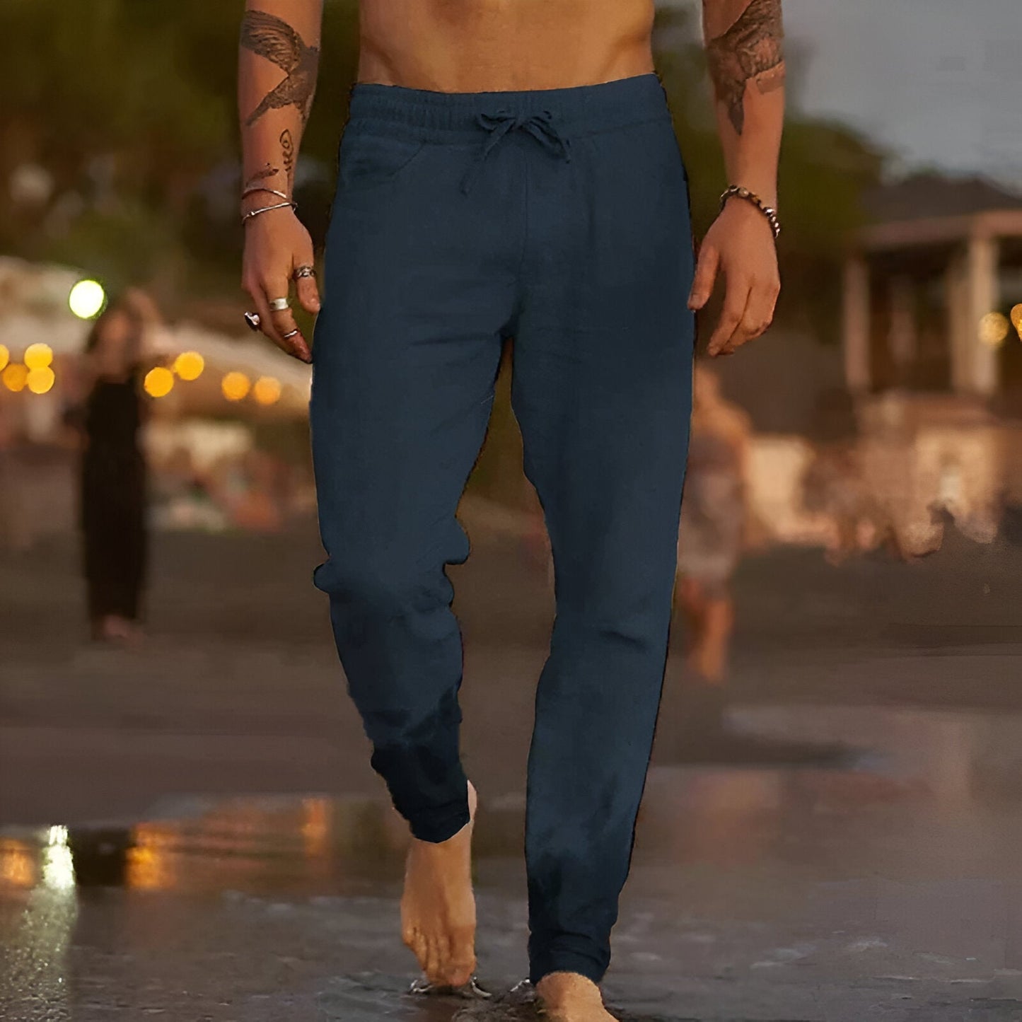 Leinenhose | Kordelzug | Lockere Passform | Sommerhose | Herrenhose-Dunkelblau-S-Chaps Herrenmode
