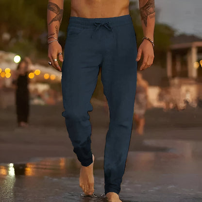 Leinenhose | Kordelzug | Lockere Passform | Sommerhose | Herrenhose-Dunkelblau-S-Chaps Herrenmode