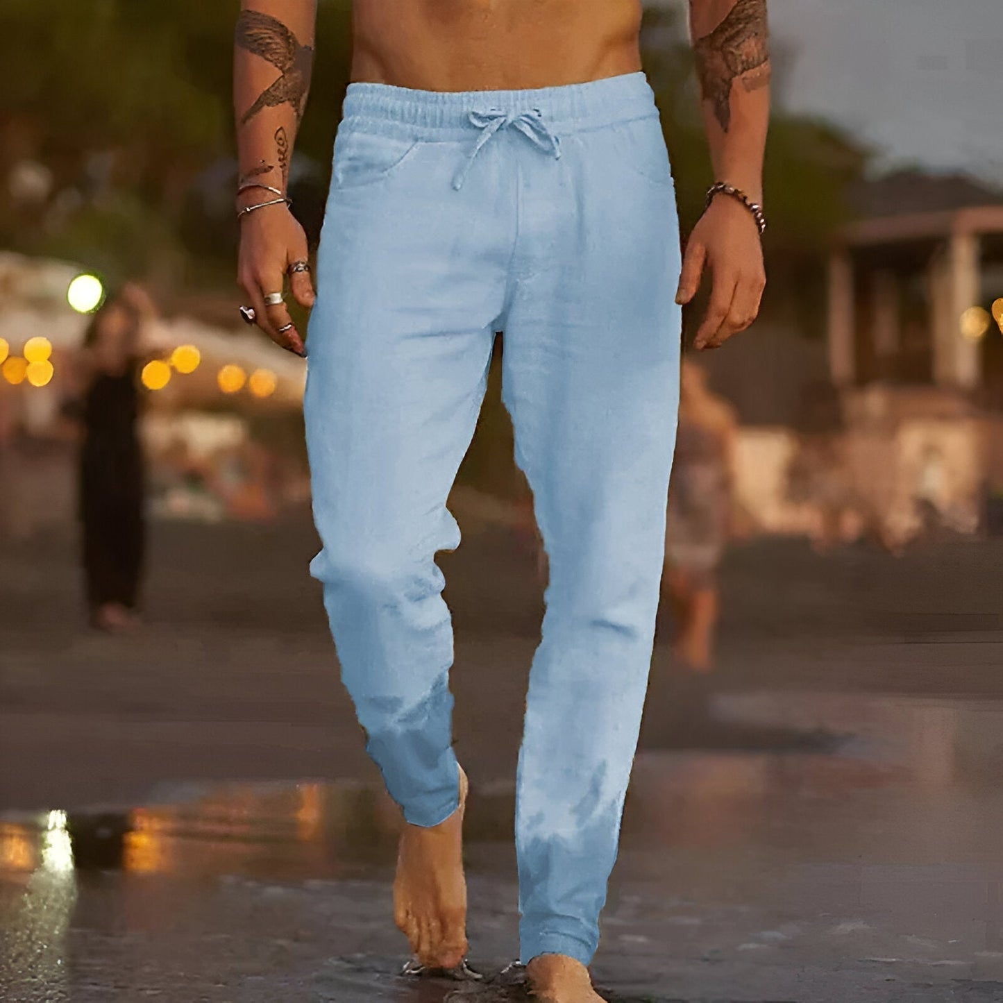 Leinenhose | Kordelzug | Lockere Passform | Sommerhose | Herrenhose-Hellblau-S-Chaps Herrenmode