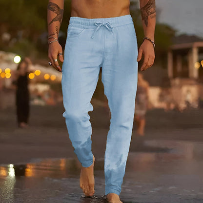 Leinenhose | Kordelzug | Lockere Passform | Sommerhose | Herrenhose-Hellblau-S-Chaps Herrenmode