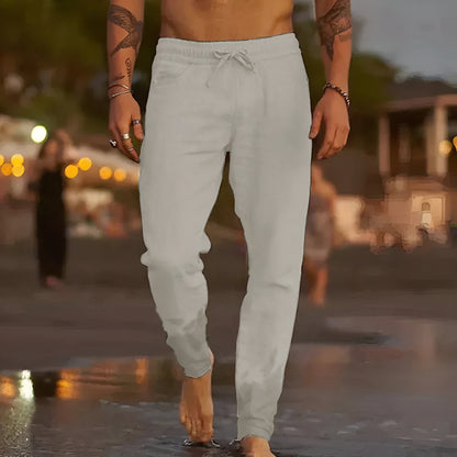 Leinenhose | Kordelzug | Lockere Passform | Sommerhose | Herrenhose-Hellgrau-S-Chaps Herrenmode