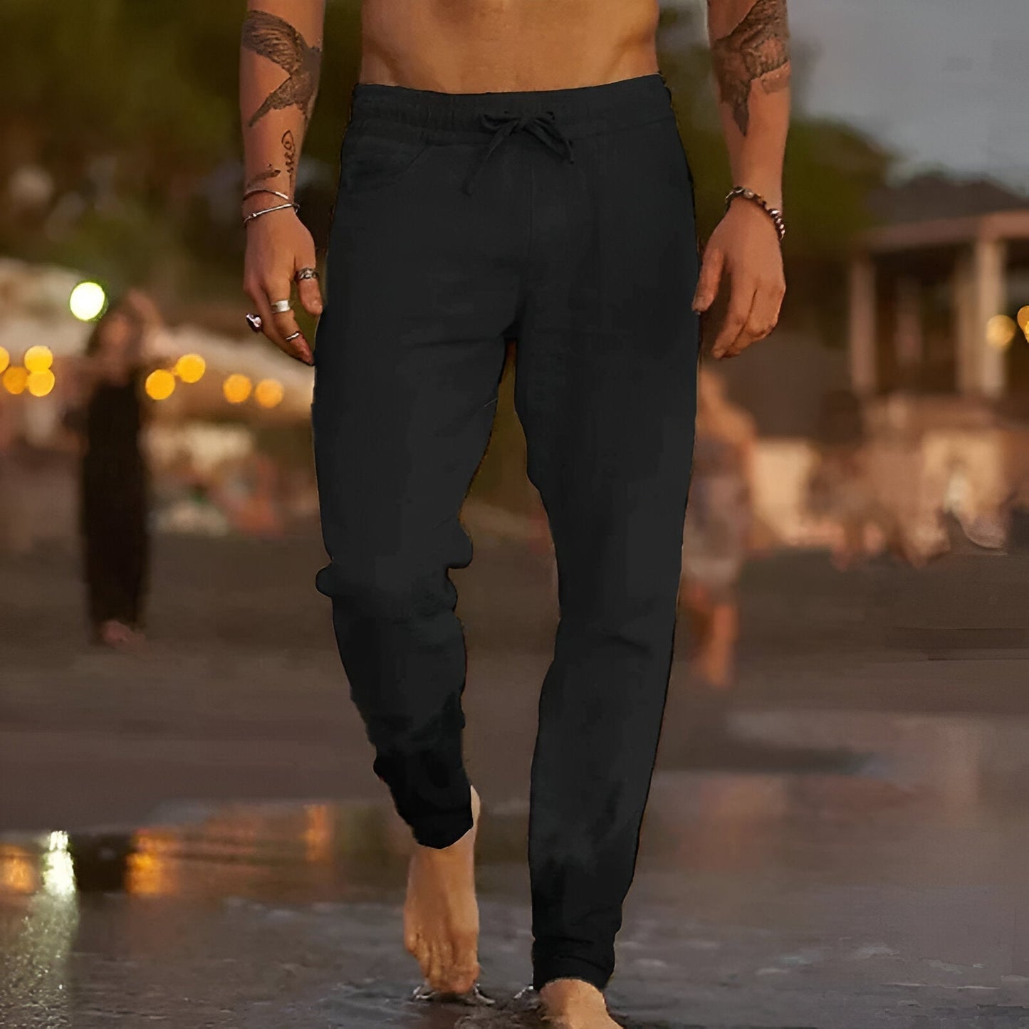 Leinenhose | Kordelzug | Lockere Passform | Sommerhose | Herrenhose-Schwarz-S-Chaps Herrenmode
