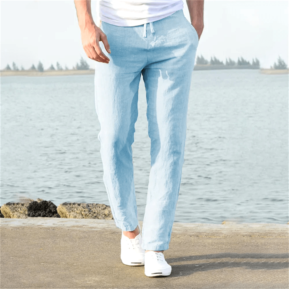 Leinenhose – Kordelzug – gerades Bein – Sommerhose – Herrenhose-Blau-S-Chaps Herrenmode