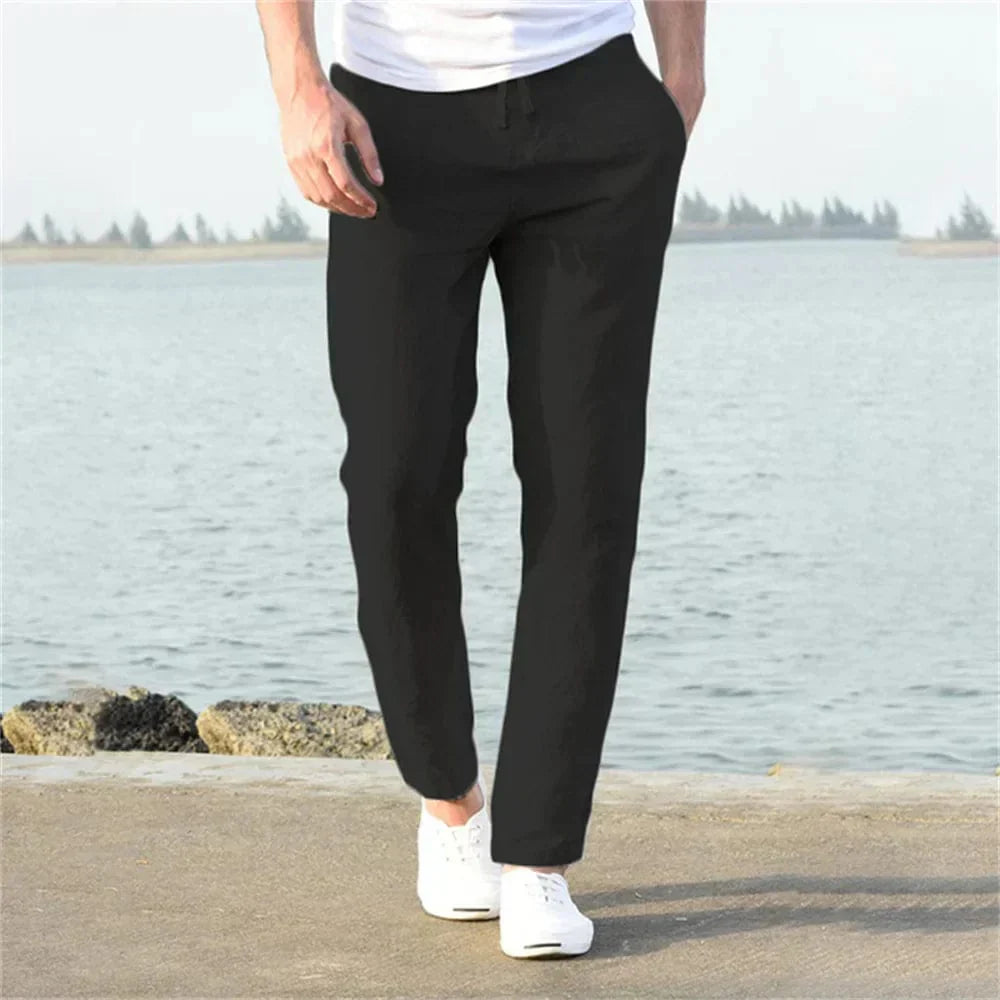 Leinenhose – Kordelzug – gerades Bein – Sommerhose – Herrenhose-Schwarz-S-Chaps Herrenmode