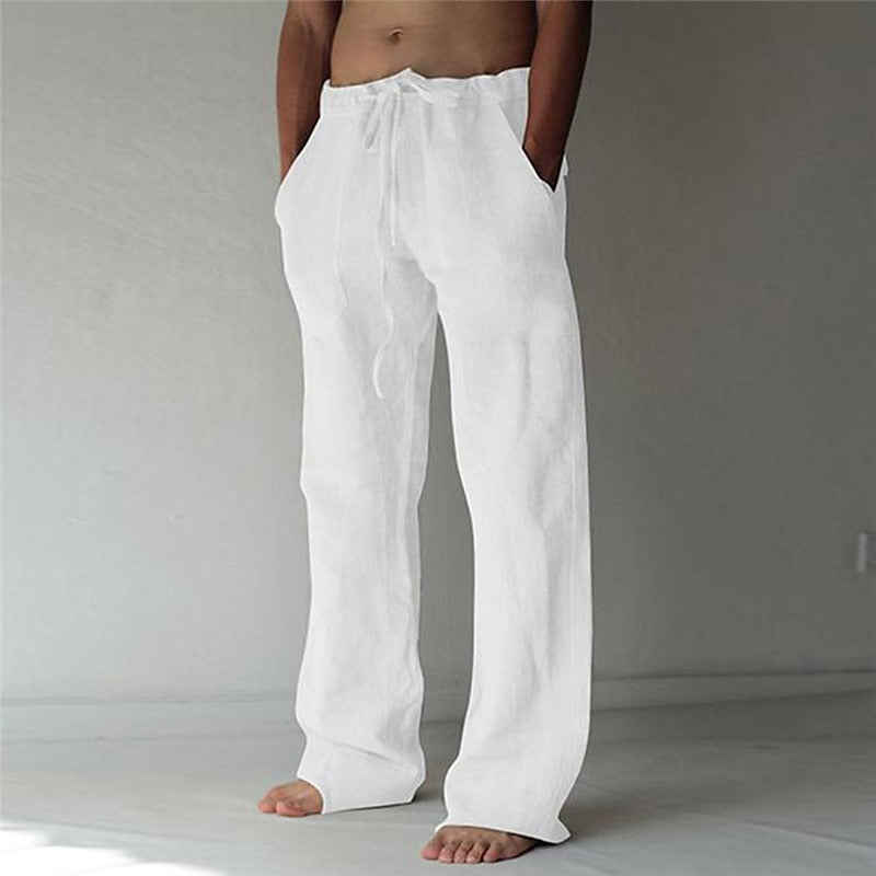 Leinenhose – Locker sitzend – Kordzug – Sommerhose – Herren-Leinenhose-Weiß-S-Chaps Herrenmode