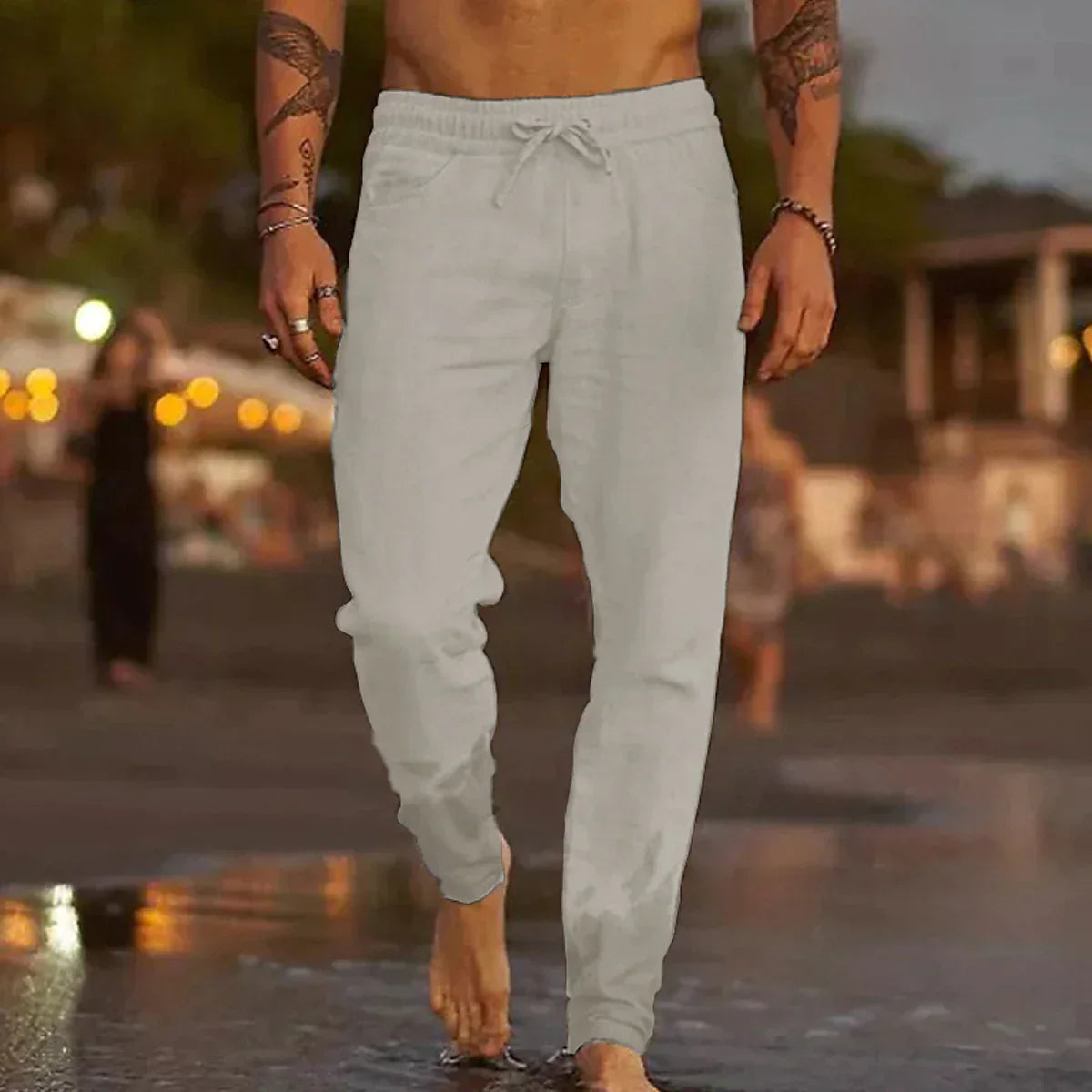 Leinenhosen | Baumwolle | Elastische Taille | Sommerhosen | Leinenbekleidung für Männer-Hellgrau-XS-Chaps Herrenmode