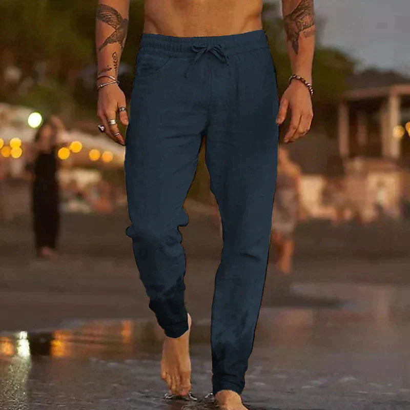 Leinenhosen - Elastische Taille mit Geradem Bein Sommerhosen für Männer-Dunkelblau-S-Chaps Herrenmode