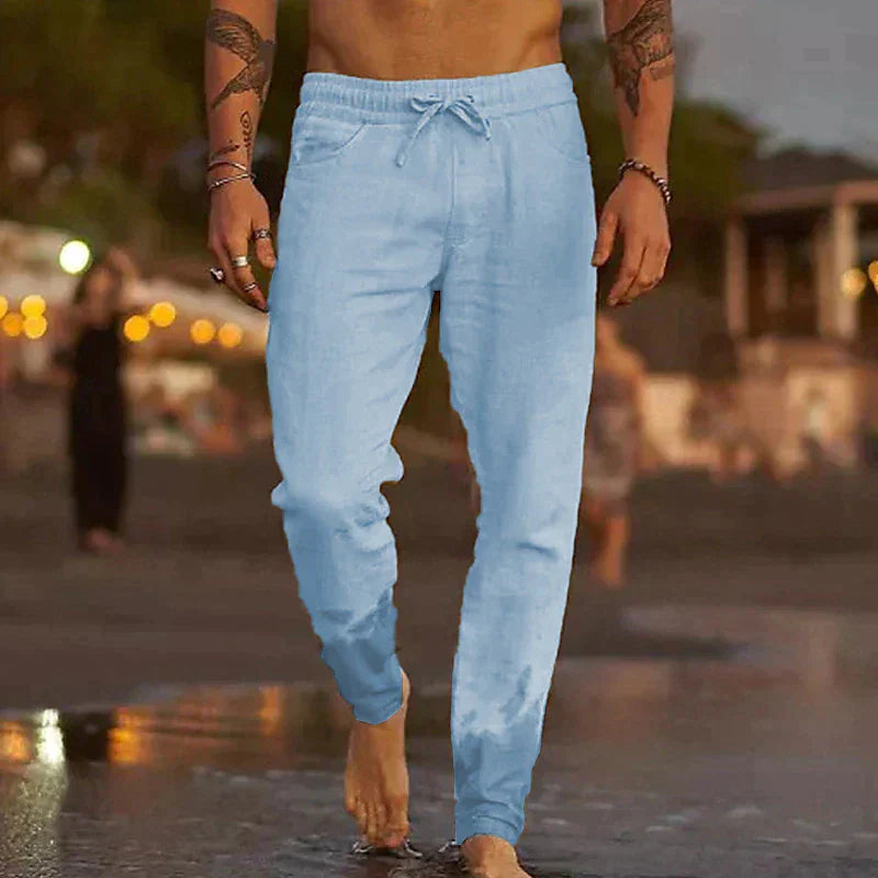 Leinenhosen - Elastische Taille mit Geradem Bein Sommerhosen für Männer-Hellblau-S-Chaps Herrenmode