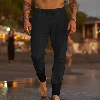 Leinenhosen - Elastische Taille mit Geradem Bein Sommerhosen für Männer-Schwarz-S-Chaps Herrenmode