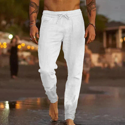 Leinenhosen - Elastische Taille mit Geradem Bein Sommerhosen für Männer-Weiß-S-Chaps Herrenmode