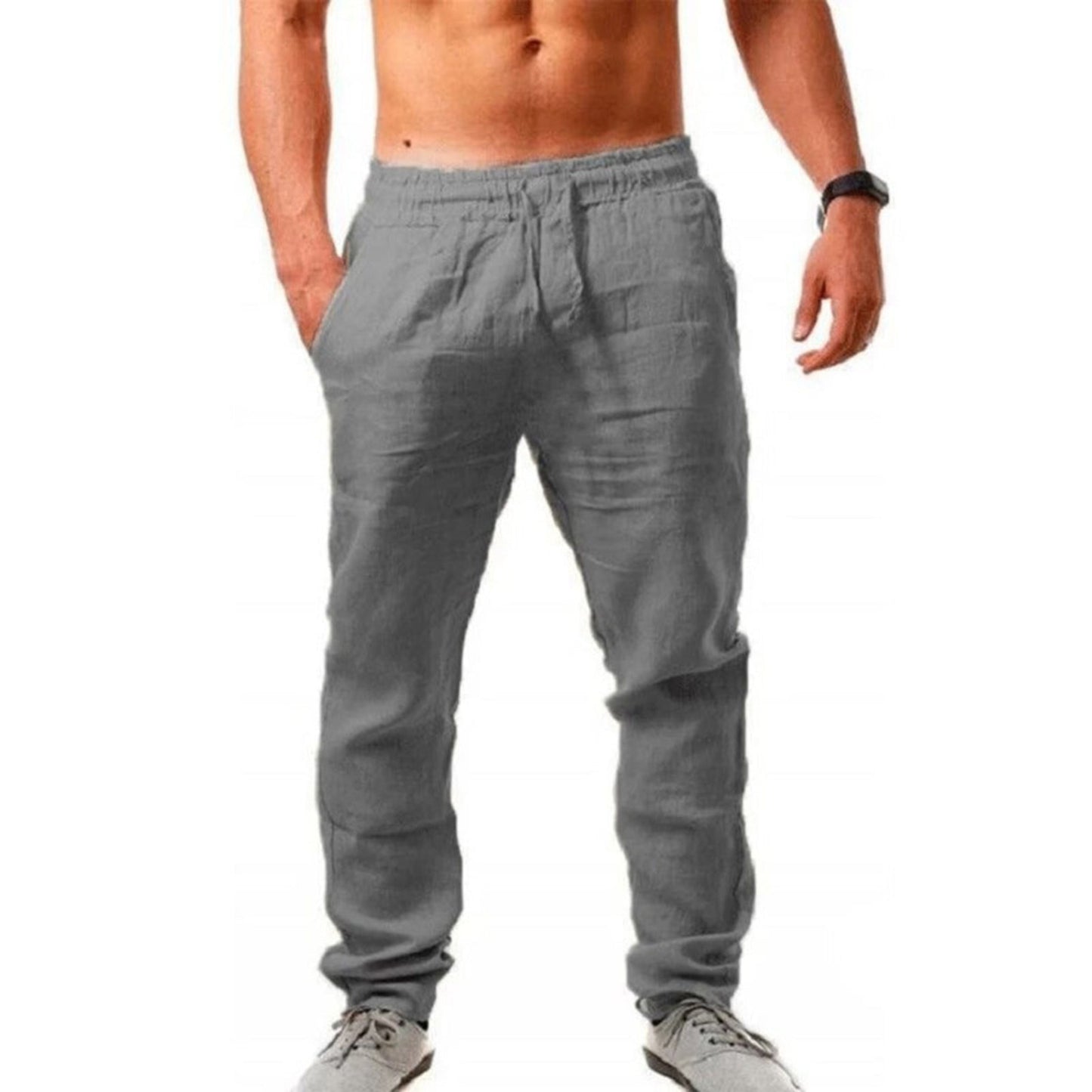 Leinenhosen | Kordelzug | Atmungsaktiv | Elastische Taille Hose | Herren Sommerhosen-Grau-S-Chaps Herrenmode