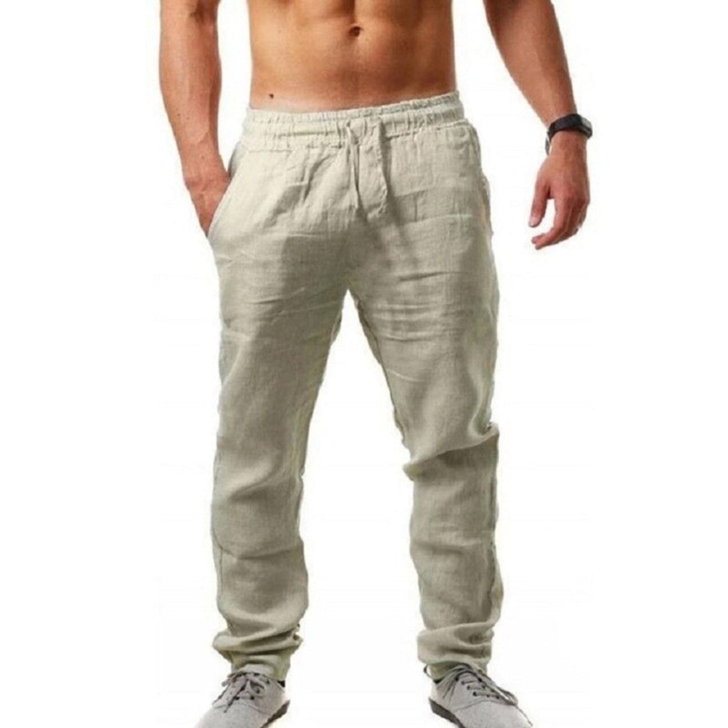 Leinenhosen | Kordelzug | Atmungsaktiv | Elastische Taille Hose | Herren Sommerhosen-Hell Khaki-S-Chaps Herrenmode