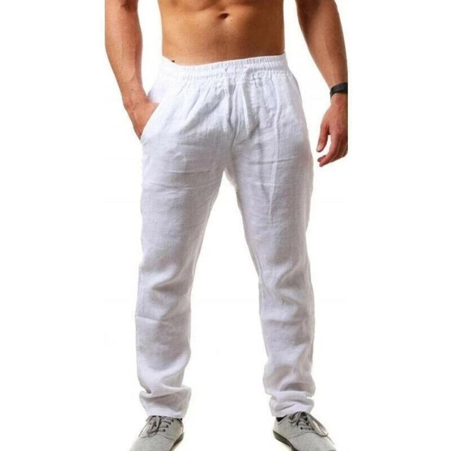 Leinenhosen | Kordelzug | Atmungsaktiv | Elastische Taille Hose | Herren Sommerhosen-Weiß-S-Chaps Herrenmode