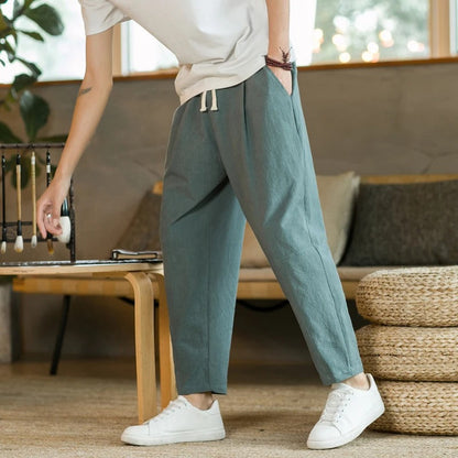 Leinenhosen - Kordelzug - Baumwolle - Loose Fit Hosen - Herrenhosen-Grün-S-Chaps Herrenmode