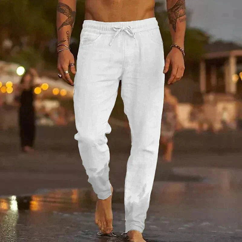 Leinenhosen - Kordelzug - Elastische Taille - Freizeithosen - Herrenhosen-Weiß-S-Chaps Herrenmode