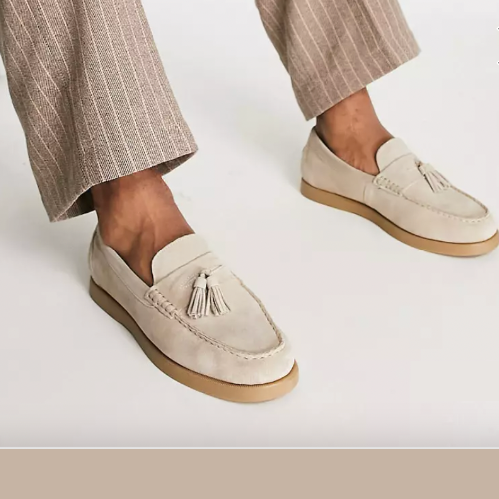 Loafer – Beigefarbene Slipper für Herren aus Leder mit Quaste-Weiß-Beige-38-Chaps Herrenmode