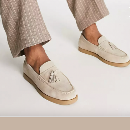 Loafer – Beigefarbene Slipper für Herren aus Leder mit Quaste-Weiß-Beige-38-Chaps Herrenmode