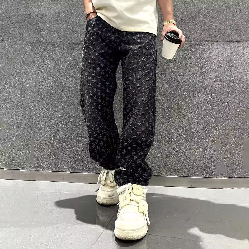 Lockere Passform Jeans – Gemusterte Baggy-Jeans mit Monogramm für Männer-Schwarz-S-Chaps Herrenmode