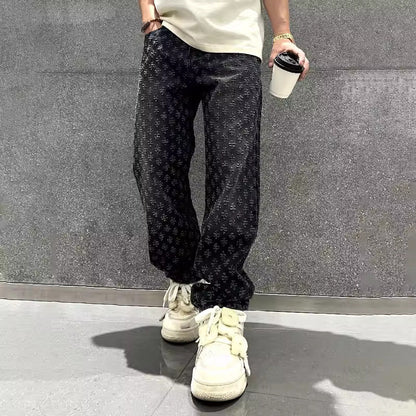 Lockere Passform Jeans – Gemusterte Baggy-Jeans mit Monogramm für Männer-Schwarz-S-Chaps Herrenmode