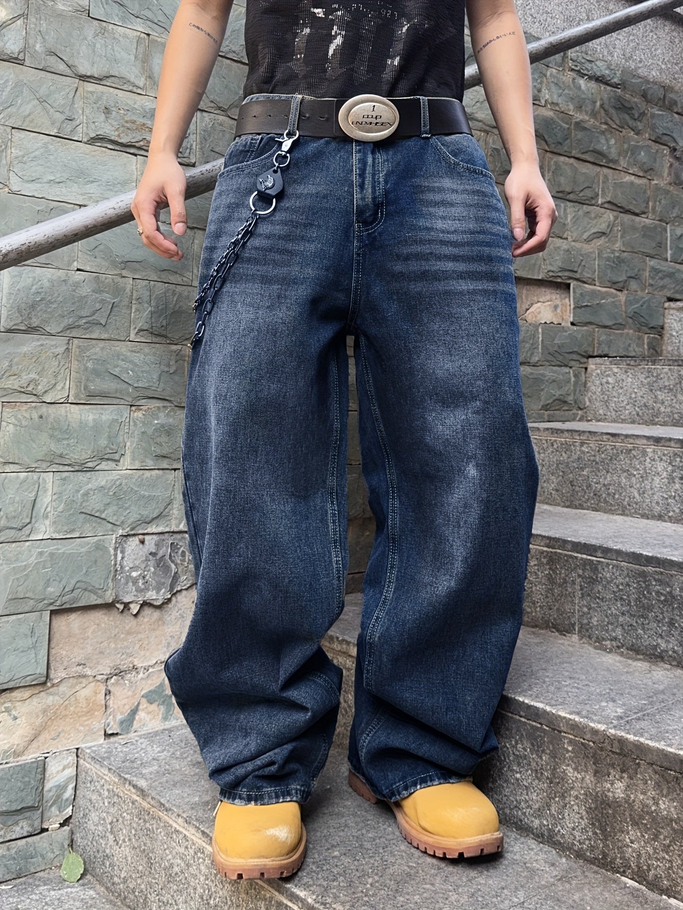 Lockere Passform Jeans | Gewaschen | Hip Hop | Baggy Jeans | Herrenjeans-Dunkelblau-XS-Chaps Herrenmode
