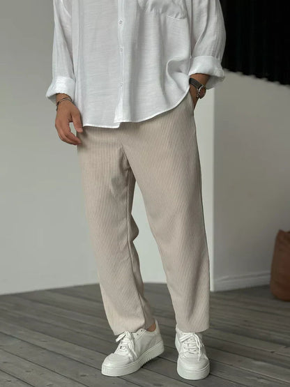 Loose Fit Hose - Gerippt - Elastische Taille - Gerade Hosenbeine - Herrenhosen-Beige-S-Chaps Herrenmode