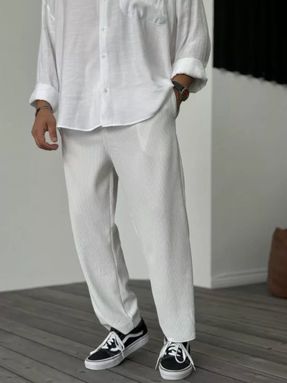 Loose Fit Hose - Gerippt - Elastische Taille - Gerade Hosenbeine - Herrenhosen-Weiß-S-Chaps Herrenmode