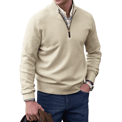 Mens Quarter Zip Jumper - Winter - Pullover - Strickpulli - Mens Half Zip Sweater-Helles Khaki-M-Chaps Herrenmode