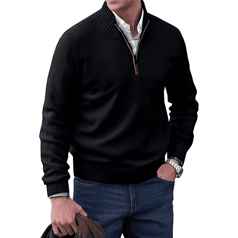 Mens Quarter Zip Jumper - Winter - Pullover - Strickpulli - Mens Half Zip Sweater-Schwarz-M-Chaps Herrenmode