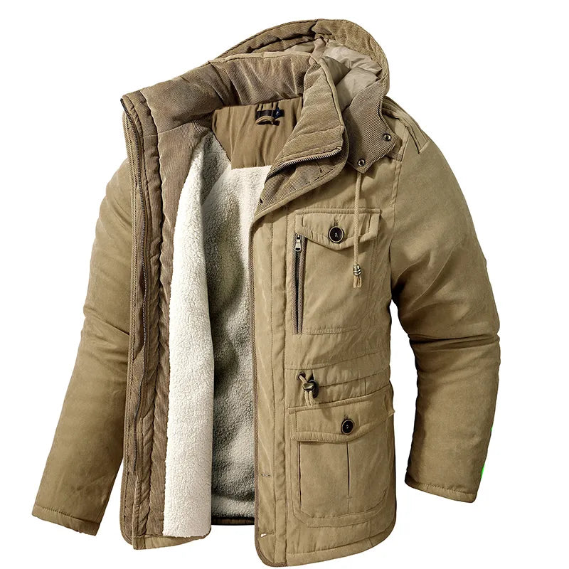 Mit Fleece gefütterte Jacke - Warme Winterjacke mit Kapuze und Taschen für Männer-Khaki-S-Chaps Herrenmode